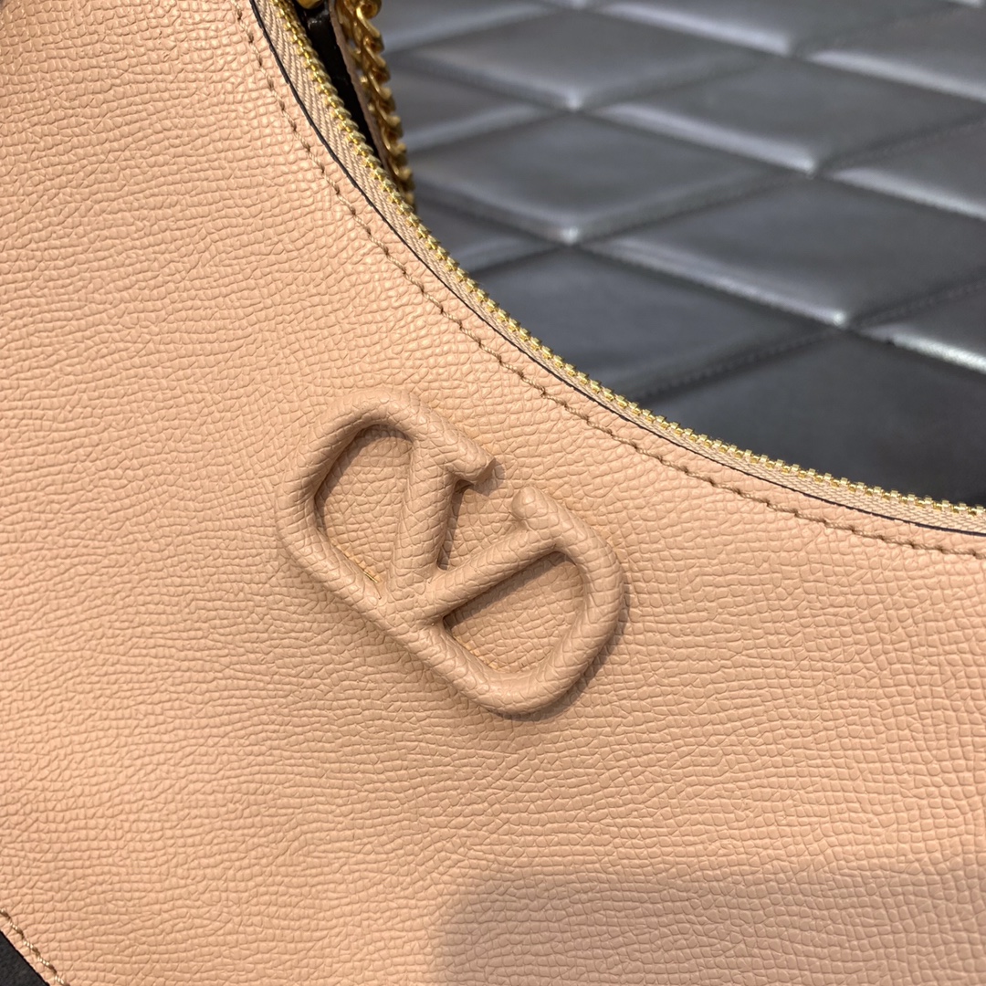 Valentino Garavani VLogo Signature Hobo Bag in Nude Grainy Calfskin Leather 